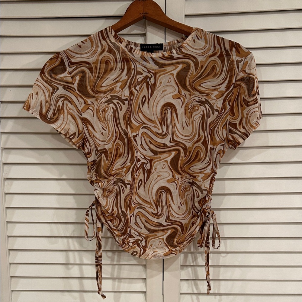 Vintage 90’s Sheer Mesh in Tan Swirl Short Sleeve Top - XL - Y2K